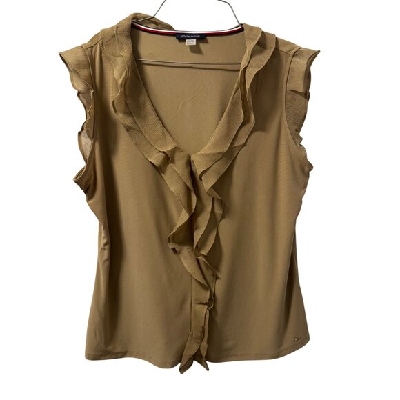 Tommy Hilfiger Tan Ruffle Sleeveless Blouse Sz XL Soft Elegant Chic Casual Top - Picture 1 of 12